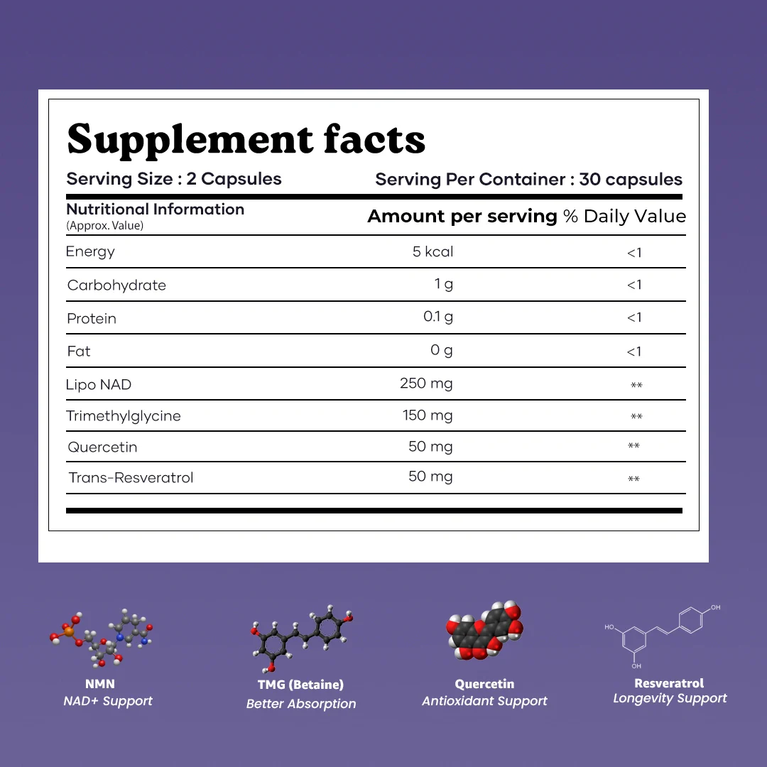 Mars BetaNMN Peptides 1000mg | NAD+ Booster with TMG, Quercetin & Resveratrol  for Cellular Energy, Anti-Aging & Longevity - Image 8